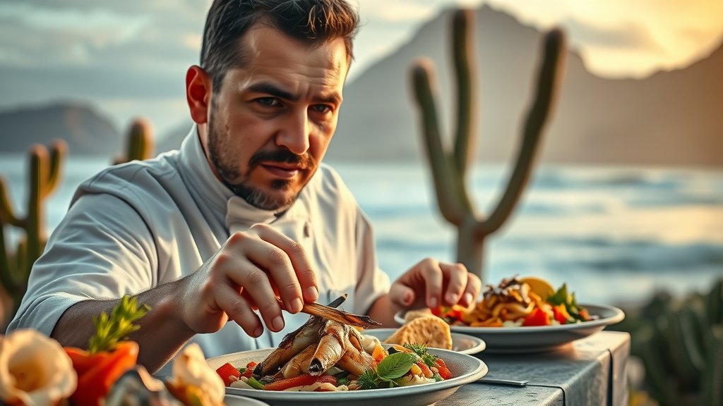 artistic fusion of land and sea with seafood, fresh produce, desert elements; chef curating and plating dishes; Baja California coastal background, cacti, ocean