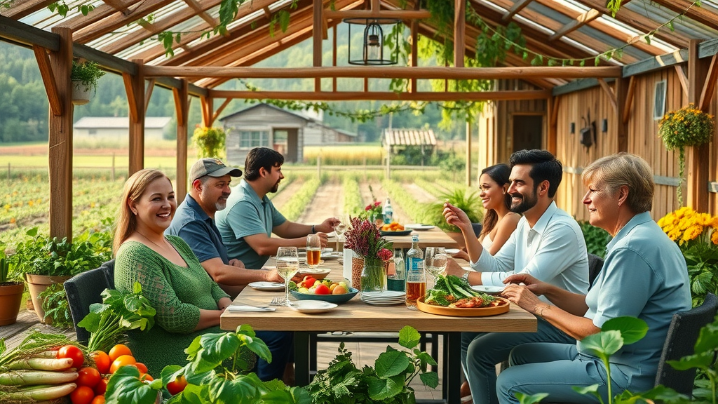 lush organic farm setting with rustic open-air restaurant, diners enjoying fresh farm cuisine, greenery and vibrant flowers