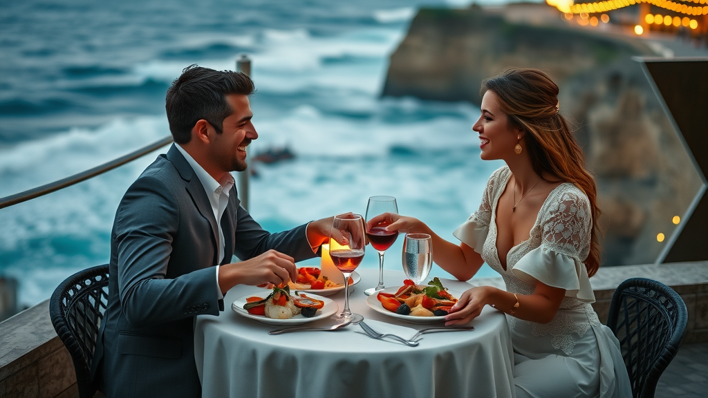 romantic cliffside seaside dining, refined couples sharing seafood platters, waves and dramatic coastline, candlelight ambiance