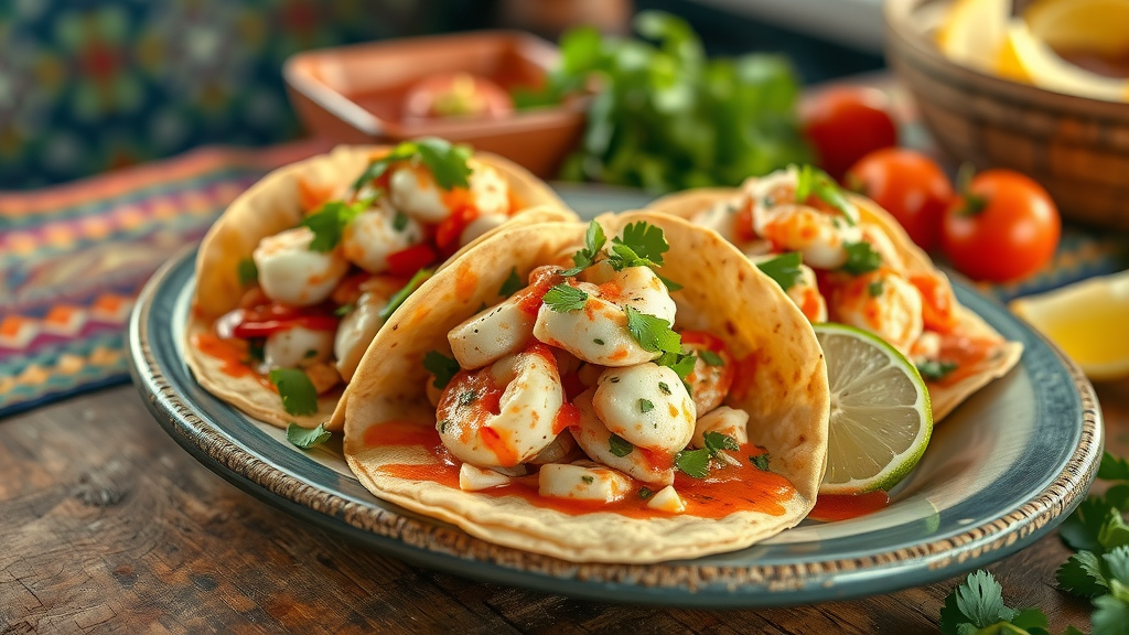gourmet plate of Baja seafood tacos and local produce, rustic Mexican table, colorful textiles, dynamic steam, natural tones, macro lens