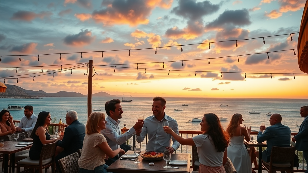 composite of Cabo’s top restaurants at sunset, welcoming hosts, joyful guests, panoramic terrace and ocean background, golden twilight lighting
