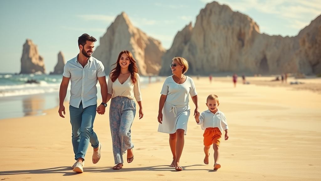 Happy family of four walking together on a safe pristine Cabo San Lucas beach. Iconic rock formations in the background. Cabo safety tips for families.
