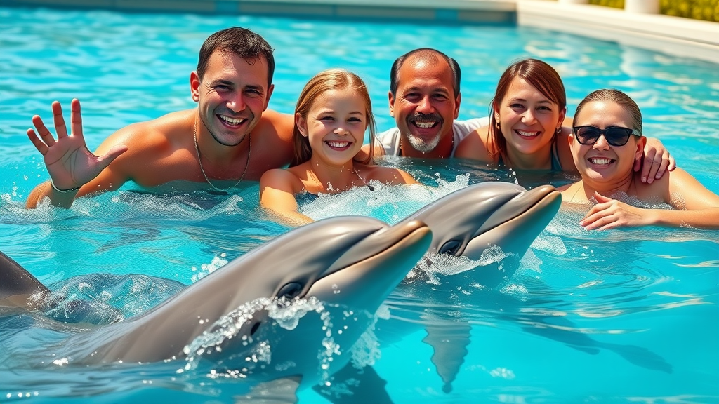 Active family group participating in a supervised dolphin encounter at a Cabo resort, safe family activity in Cabo San Lucas.