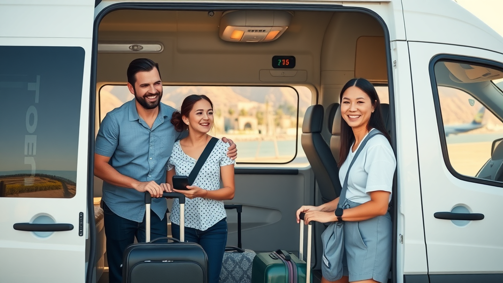 Family safely boarding a reputable shuttle van in Cabo. Secure transportation for families in Los Cabos.