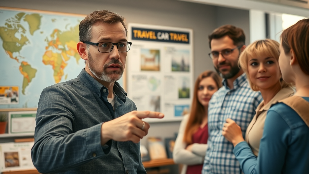 Concerned travel advisor explaining Cabo threat levels to a family at a travel agency. State Department recommendations for Cabo San Lucas and Los Cabos.