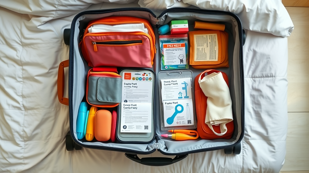 Organized family suitcase with color-coded travel safety items and visible emergency documents for a trip to Cabo San Lucas.