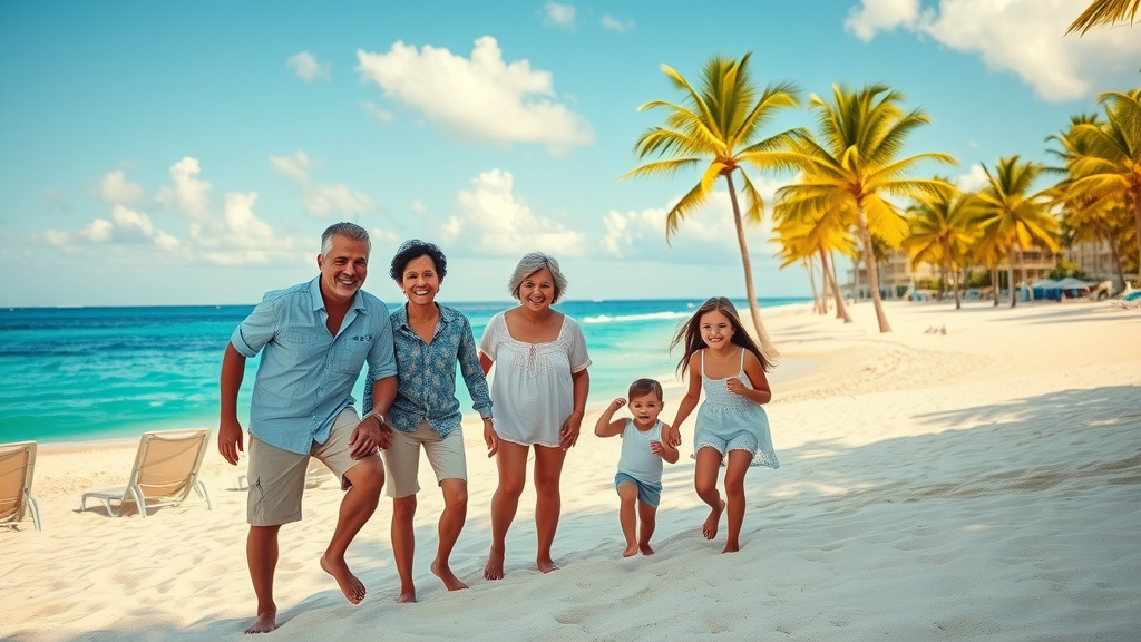 inviting beachfront resort with a happy multigenerational family at a Cabo San Lucas beach, turquoise ocean and palm tree-lined beach with resort loungers, highly detailed, vivid colors, early afternoon sunlight