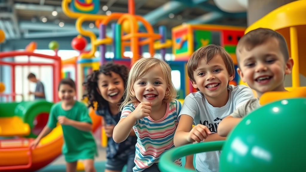 luxurious resort amenities with smiling children exploring a colorful kids club at a Los Cabos resort, modern play zone, interactive games, movement and laughter, bold colors, natural lighting