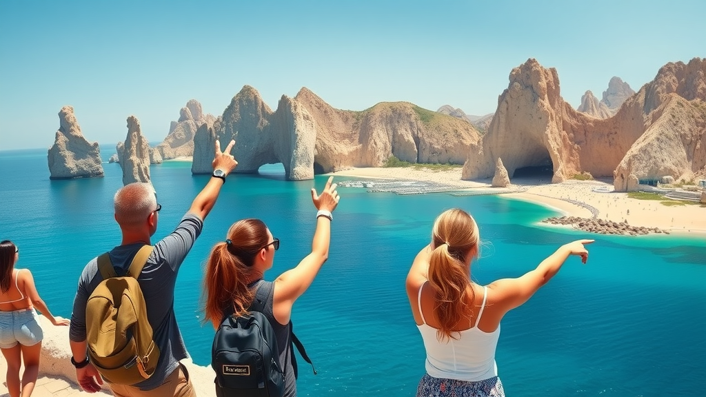 Panoramic view of Cabo San Lucas, excited travelers pointing at famous landmarks, iconic rock formations, clear blue water, lively atmosphere, gentle sunlight