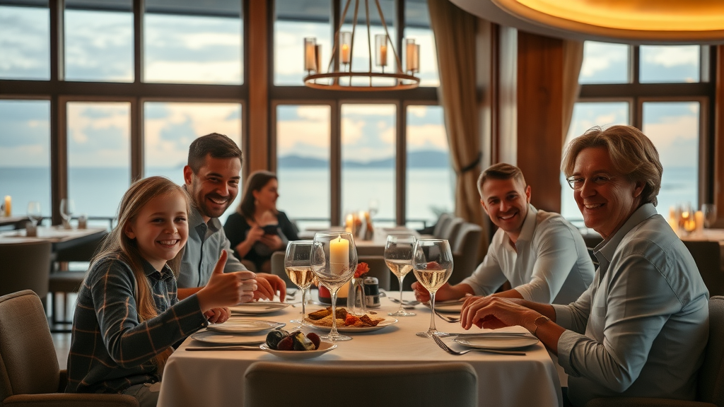 elegant gourmet restaurant in Grand Velas Los Cabos, delighted parents and children dining together with ocean views, sophisticated interior, candlelight ambiance, lively conversation