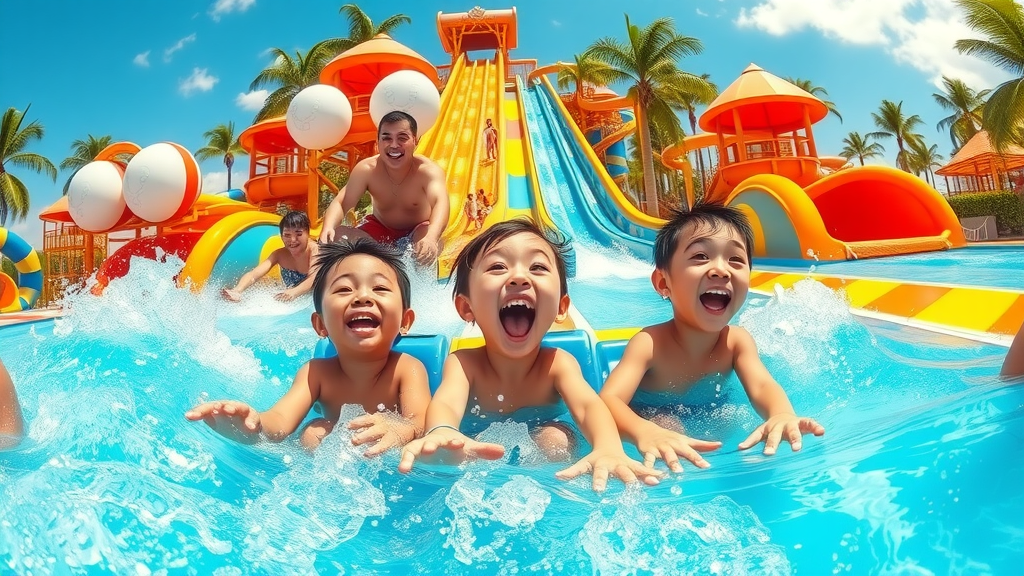 exciting family water park at Hyatt Ziva Los Cabos, laughing kids and parents sliding down vibrant water slides, splash-filled resort scene, palm trees, colorful pools, sunlit outdoor scene
