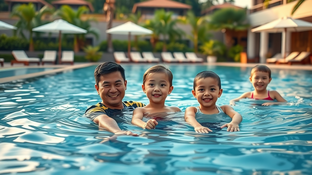 relaxing spa pool setting at Dreams Los Cabos with calm parents and playful children enjoying a resort plunge pool, lush resort gardens, swim-up bar, colorful swimwear