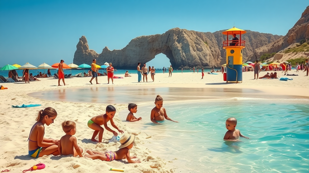 vibrant Medano Beach scene in Cabo, families building sandcastles, swimming, lifeguard watching, bustling beach with colorful umbrellas, famous Cabo arch in the distance, high fidelity detail