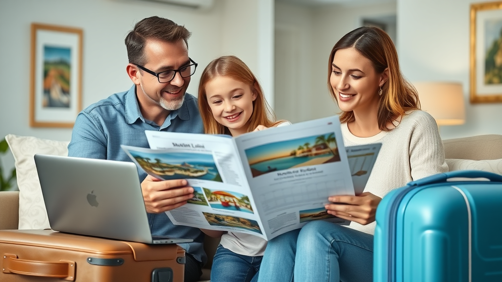 organized family travel planner, thoughtful parents reviewing resort brochures and booking calendar online, stylish home interior, suitcases, vacation essentials, bright ambient light