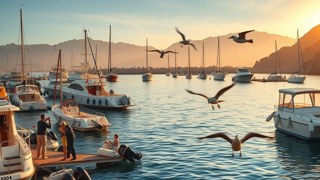 vivid marina in Cabo San Lucas at sunrise, bustling atmosphere, fishermen preparing boats, Photorealistic High Fidelity, sparkling water with misty mountains, highly detailed, sunrise, pelicans, seagulls, wide-angle lens, cabo fishing tips