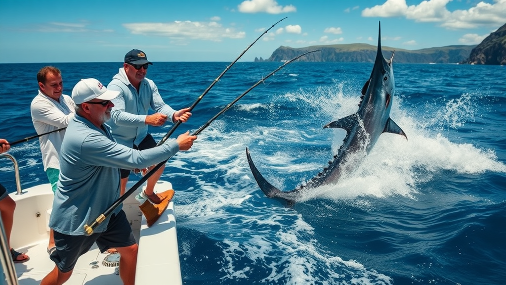 experienced anglers on a charter boat battling a massive marlin, deep sea fishing in Cabo San Lucas, marlin fish action, excitement and focus, sport fishing