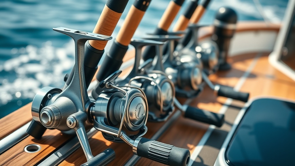 organized set of premium fishing rods and reels, quality tackle, Cabo fishing essentials on teak deck, fishing trip gear details, sport fishing rods and reels, cabo san lucas