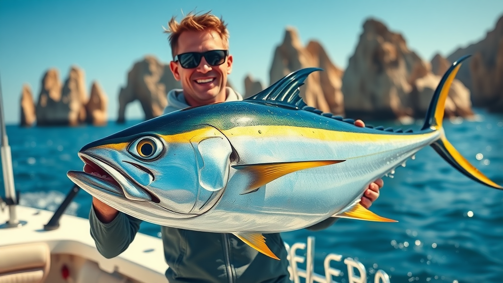 triumphant angler holding a trophy yellowfin tuna on a Cabo fishing boat, sport fishing success, Pacific ocean, Cabo rock formations in background, cabo fishing experience