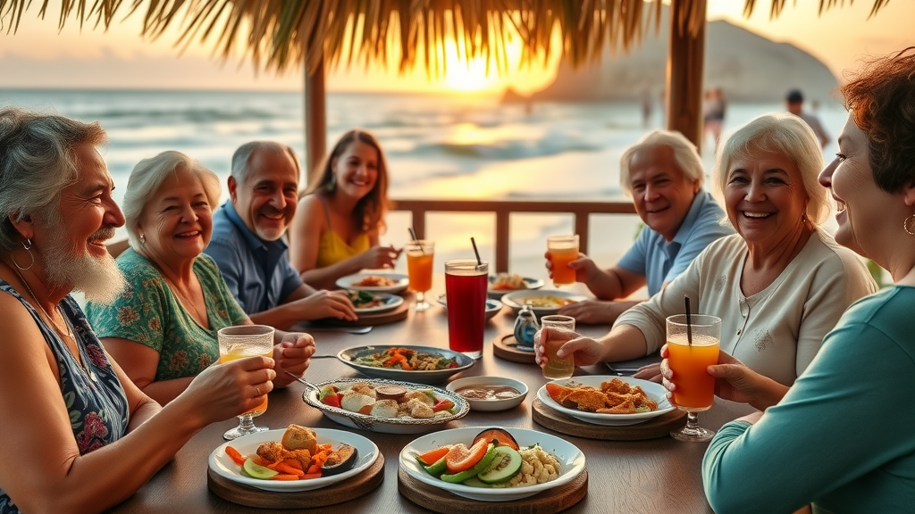 Multigenerational Mexican family enjoying family dining options in Cabo at a beachfront restaurant with sunset and ocean view, everyone relaxed and smiling