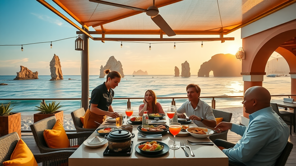 Family dining at Hacienda Cocina y Cantina, Cabo San Lucas, enjoying Mexican cuisine with ocean sunset backdrop