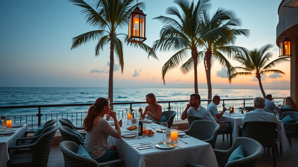 Family dining at Pitahayas Restaurant, Los Cabos, elegant terrace with ocean views and palm trees, Pacific Rim cuisine