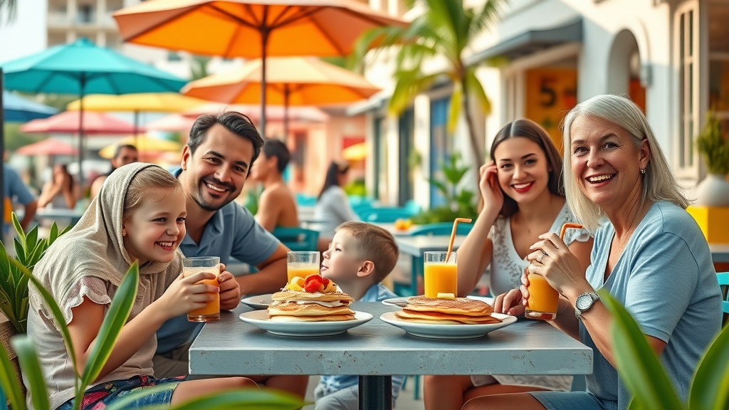 Family enjoying breakfast at Sunrise Café, Cabo San Lucas, kids sipping smoothies and eating pancakes outdoors