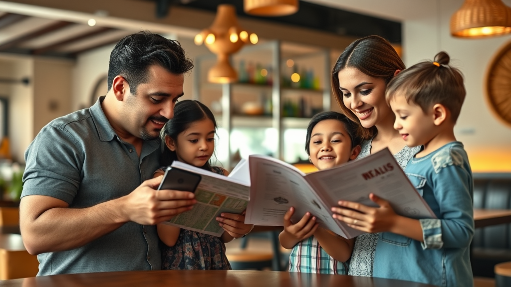 Modern Mexican family consulting menu at Cabo restaurant, parents helping kids choose, cozy kid-friendly interior