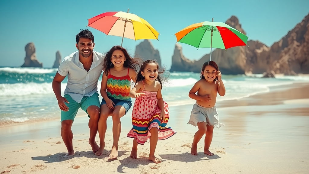Vibrant Mexican family playing on a soft sandy beach in Cabo with Los Cabos rocks and ocean in the background - cabo beaches for families
