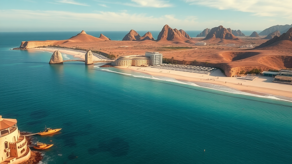 Aerial view of family-friendly beaches in Cabo, umbrellas and swimmers by turquoise water - cabo beaches for families