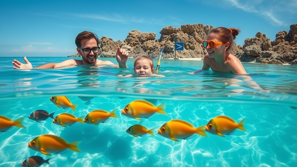 Family snorkeling with children in the crystal clear waters of Chileno Beach, Blue Flag sign in the background - Blue Flag beaches in Cabo