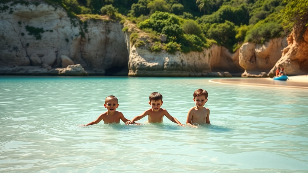 Young children wading safely in the calm turquoise waters of Santa Maria Beach, protected by cliffs and vegetation - santa maría Baja California Sur
