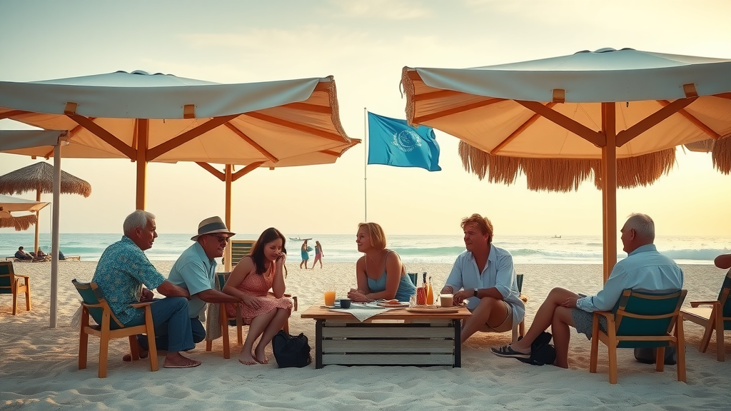 Extended family under palapas and sunshades at Palmilla Beach, Blue Flag in the background - Palmilla Blue Flag beaches