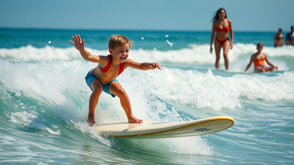 Young child learning to surf with instructor in gentle waves at Playa Acapulquito, parents watching from the beach - beginner surf family Los Cabos