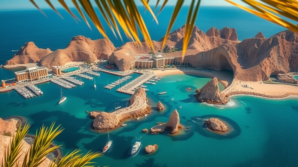 Vibrant aerial view of Cabo San Lucas coastline, bustling marina and fishing boats, turquoise and deep blue ocean waters, rocky outcrops, El Arco arch formation – best fishing spots in cabo