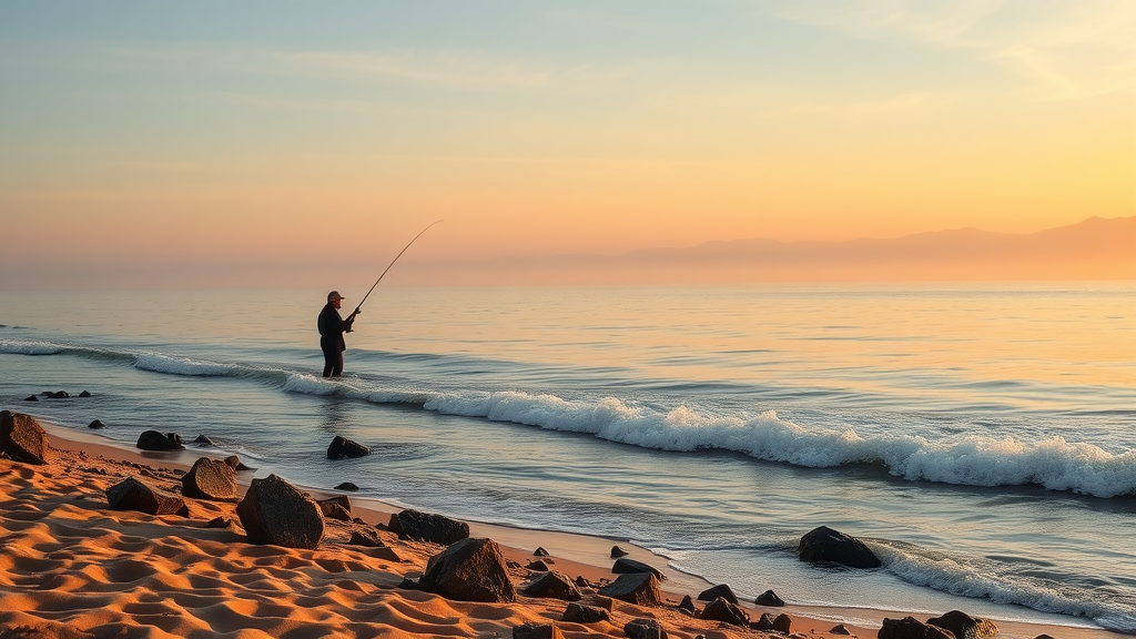Peaceful sunrise, angler shore fishing on Santa Maria Bay, golden sand and rocks, calm sea in Cabo San Lucas – shore fishing in cabo