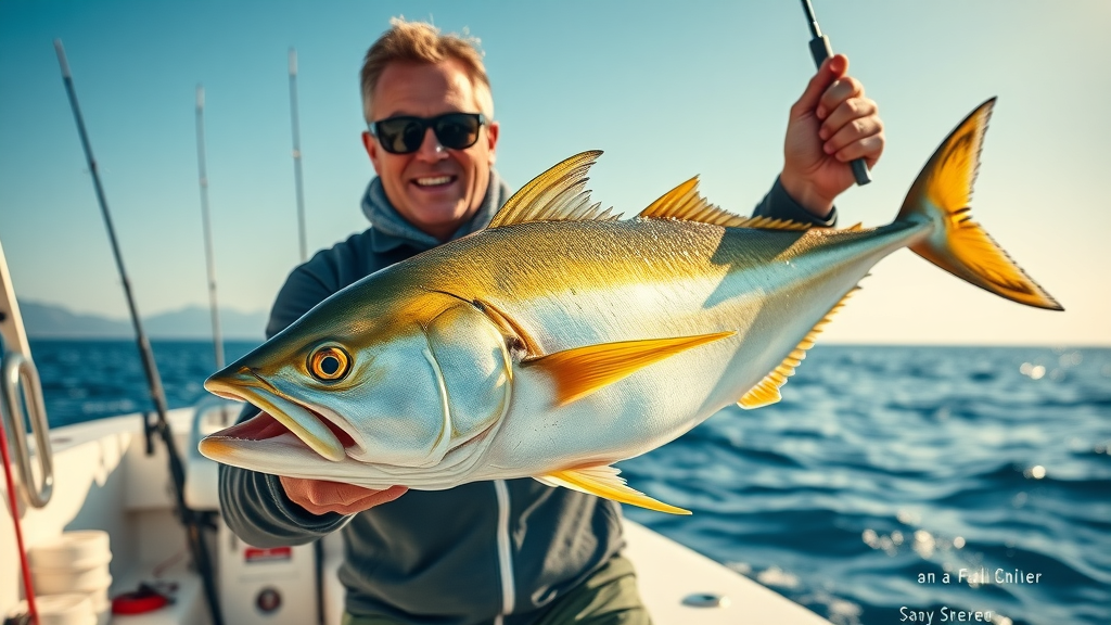 Action-packed moment, angler holding large dorado on boat deck in Cabo, rods, tackle boxes, ocean horizon – best fishing spots in cabo