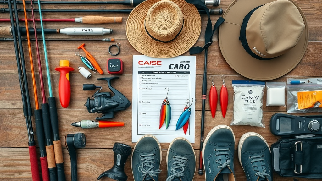 Organized flatlay of essential Cabo fishing trip gear: rods, reels, lures, sunscreen, hat, water-resistant shoes – best fishing spots in cabo