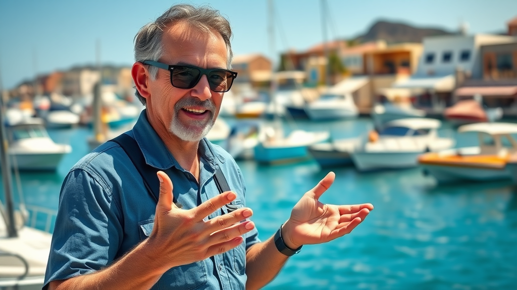 Friendly expert guide answering fishing questions at Cabo marina with boats in background – best fishing spots in cabo