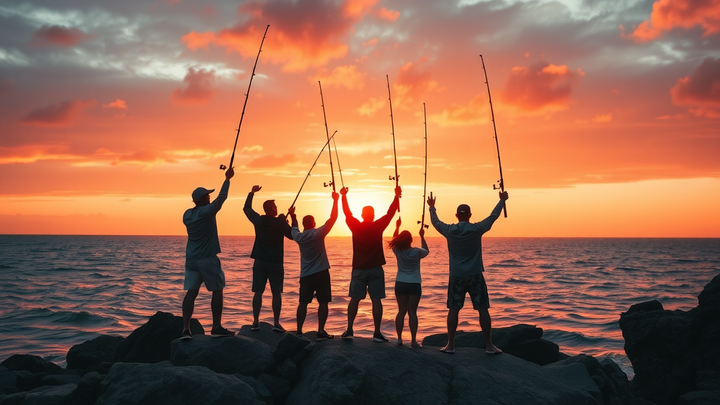Inspiring sunset, happy anglers on rocky Cabo shore raising rods in triumph, dramatic colors – best fishing spots in cabo