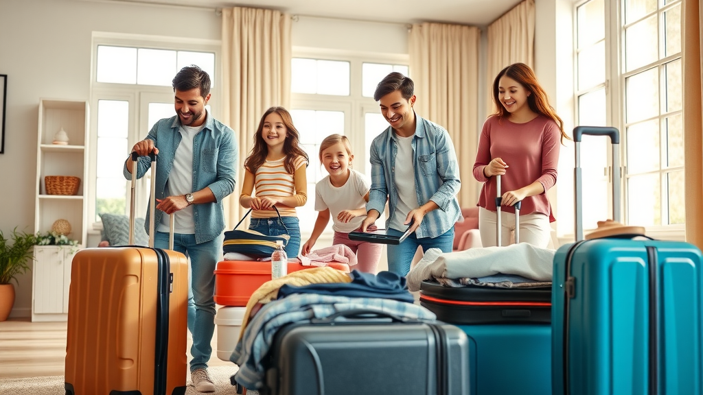 Family vacation packing list Cabo - Family happily preparing luggage for Cabo San Lucas vacation, organized and energetic in a sunny living room with travel gear.
