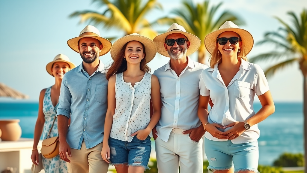 Cabo packing list clothing - Relaxed family in stylish summer clothing with Cabo ocean and palm trees in the background, demonstrating lightweight attire and hats.