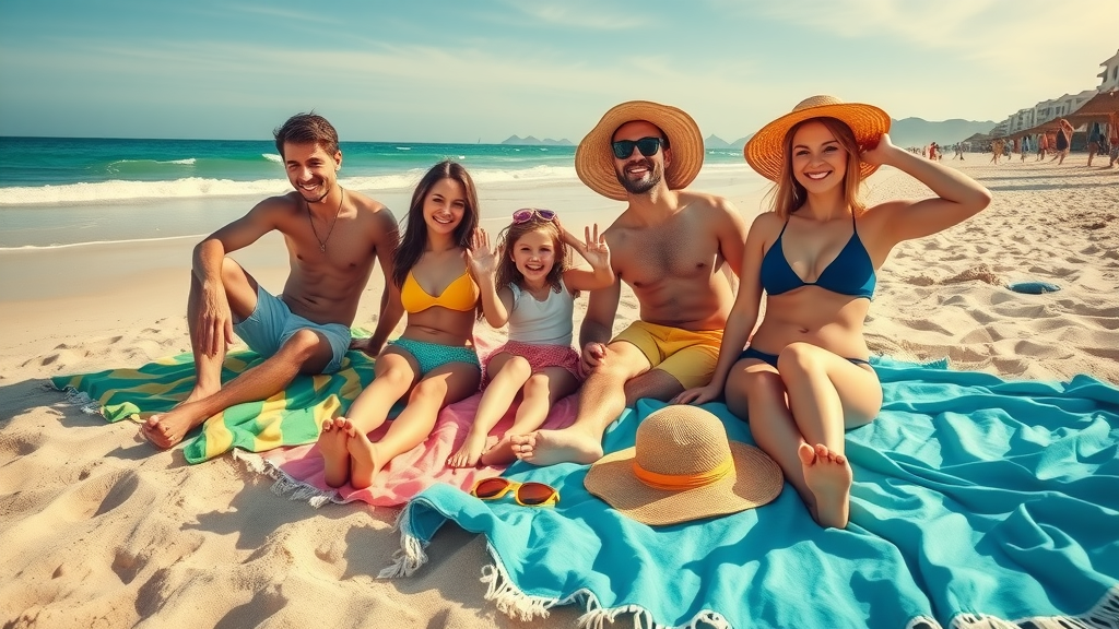 Family vacation packing list Cabo - Cheerful family setting up beach gear, towels, and sun hats on a sandy Cabo San Lucas shoreline.