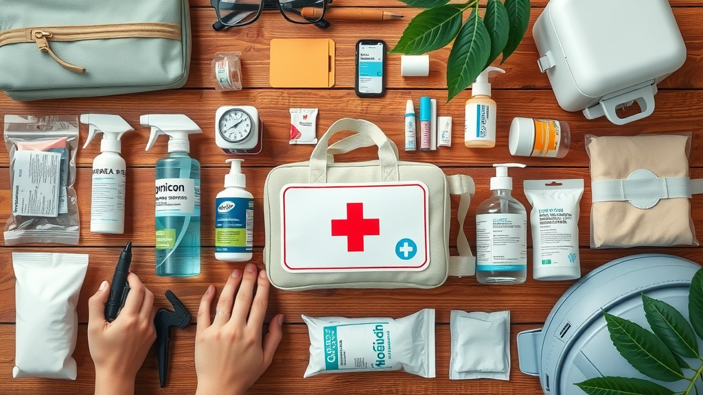 Family vacation packing list Cabo health items - Organized flat lay of travel health and safety must-haves for Cabo San Lucas.