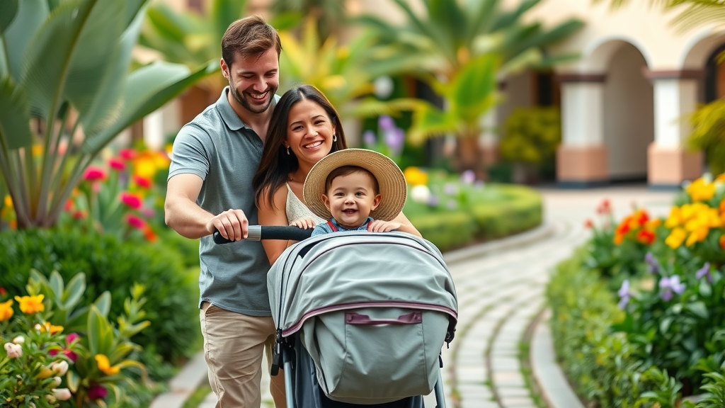 Family vacation packing list Cabo - Parents and toddler with lightweight stroller and sun hats at a vibrant Cabo resort garden.