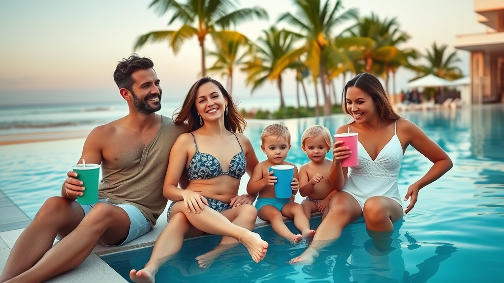 Family vacation packing list Cabo - Relaxed adults and children enjoying a stylish Cabo San Lucas beach club poolside, with reusable cups and smart casual attire.