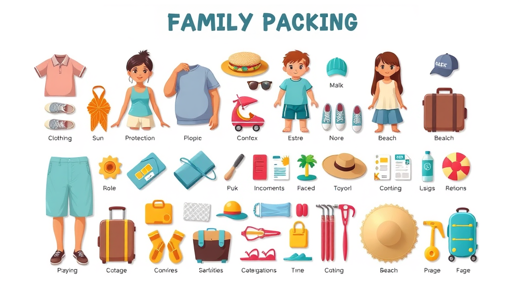 Infographic: Family vacation packing list Cabo - Categories for clothing, sun protection, documents, and beach gear.