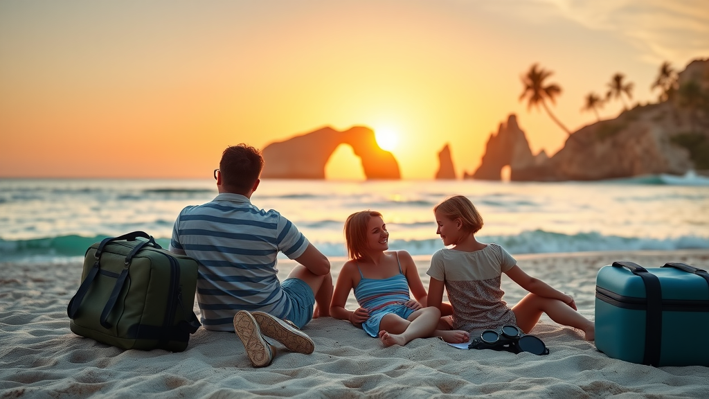 Family vacation packing list Cabo - Content family relaxing at sunset on Cabo beach, with packed bags and the iconic arch in the background.