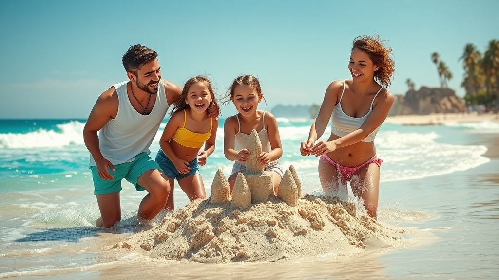 cabo san lucas family beach sandcastle turquoise ocean families traveling to cabo with children cheerful kids playing in sand
