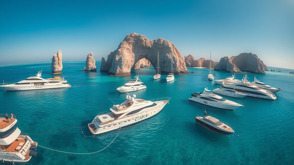 Breathtaking aerial view of luxury yachts and private boats anchored in turquoise waters off Cabo San Lucas with the iconic rocky Arch of Cabo in the background, vibrant festive atmosphere, people relaxed and enjoying ocean freedom, cabo san lucas boat rental