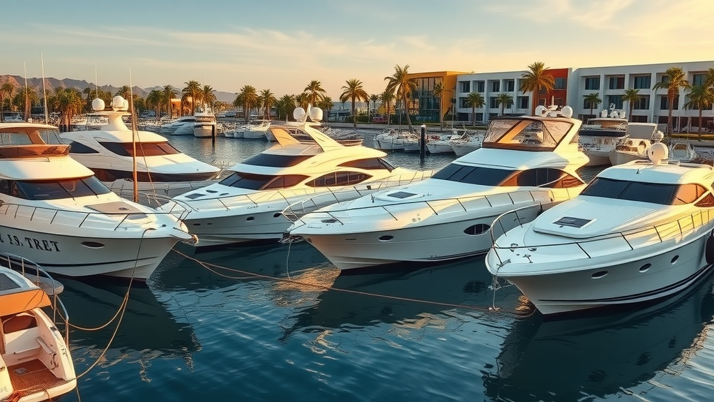 Elegant lineup of Sea Ray yachts, catamarans, sportfishers, and luxury yachts docked at a modern Cabo San Lucas marina with luxury amenities, reflections on the water, golden hour light, boat rental in cabo san lucas